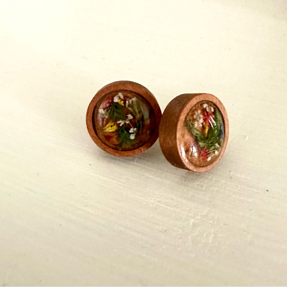Handcrafted Wooden and Resin Earrings with Floral Design